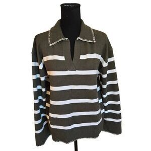 Merokeety Womens Striped Johnny Collar Oversized Pullover Sweater Green Large